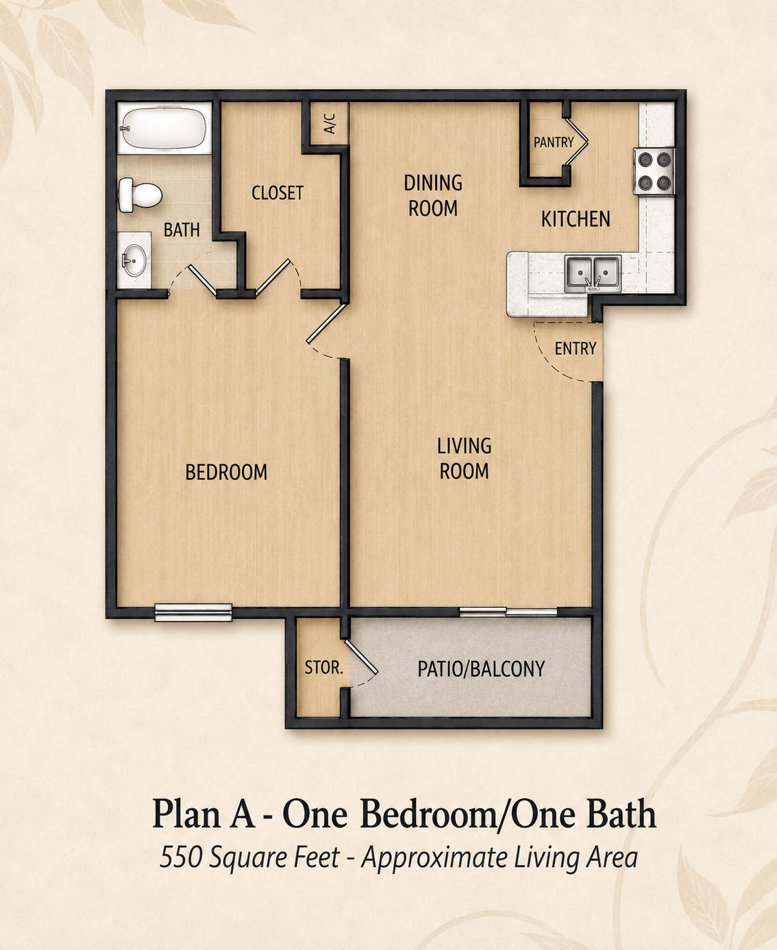 Plan A — One Bedroom / One Bath floor plan — 550 sq ft