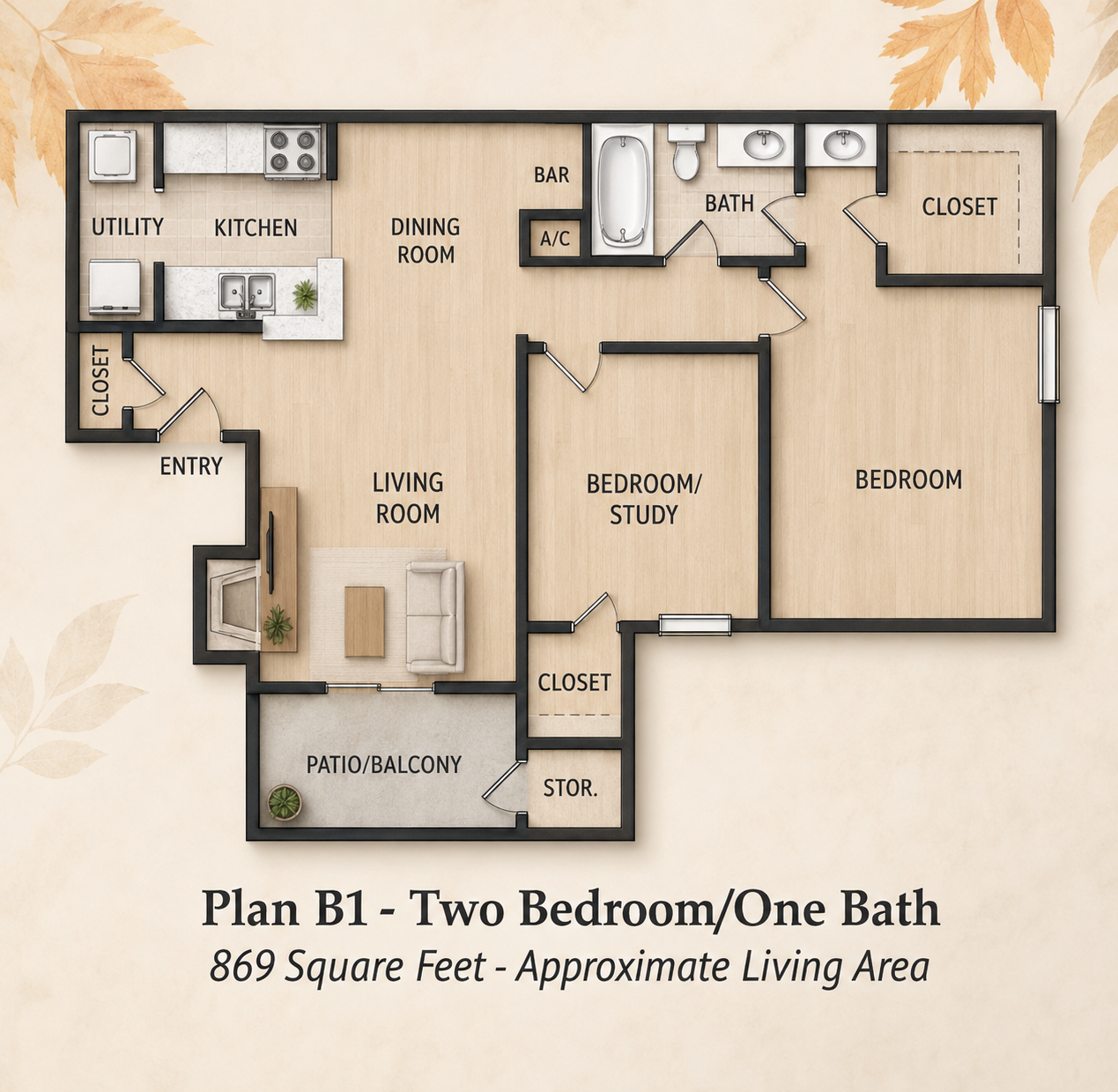 Plan B1 — Two Bedroom / One Bath floor plan — 869 sq ft